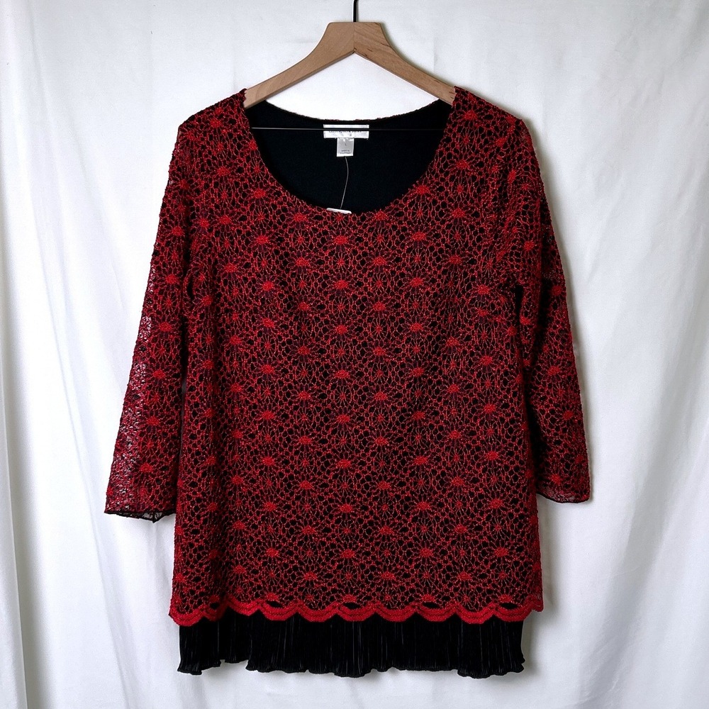 Christopher & Banks Womens Layered Lace Tunic Top Size L Red Black Romantic NEW